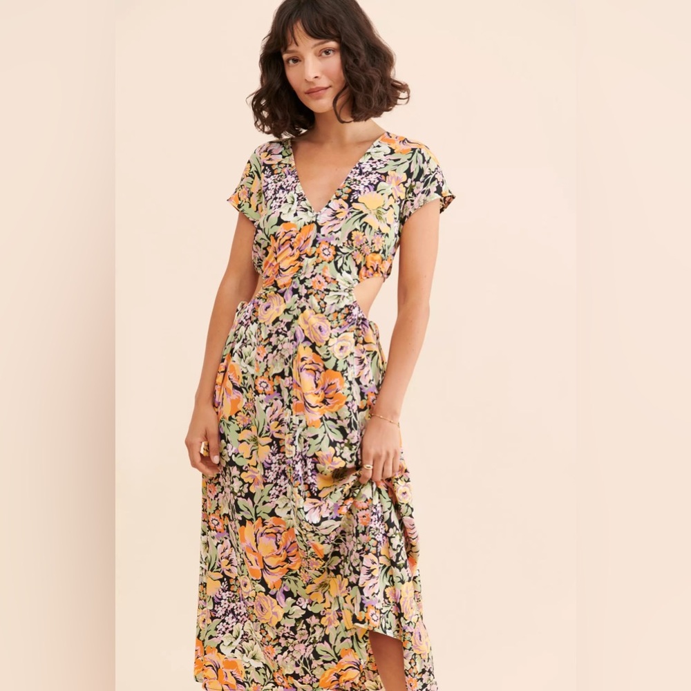 Astr Floral Cutout Midi Dress - Black, Yellow, Pink, Green - Picture 1 of 9
